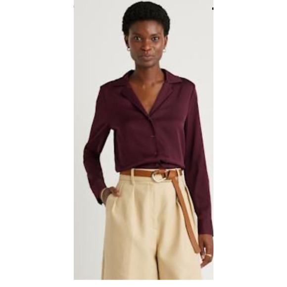 New Quince Washable Stretch Mulberry Silk Notch Collar Wine Sz S #16 - Picture 2 of 5